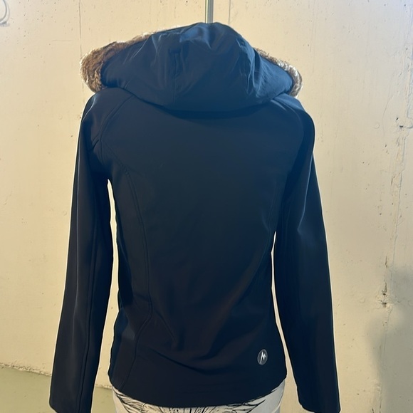 Marmot black tan brown faux furlong hoodie jacket w zipper front and pockets - Picture 2 of 12